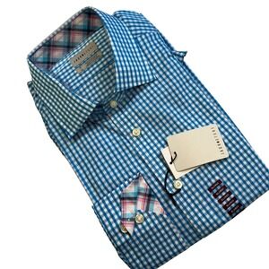 Jack Stone Thomas Dean Shirt Aqua White Gingham Cotton Plaid Trim Mens XL NWT